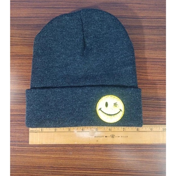 Black Beanie Hat Winking Emoji Fuzzy Face SG FOOTWEAR One Size Cuffed - Picture 8 of 14